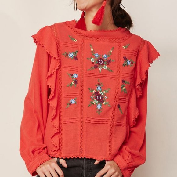 Free People Tops - Free People Amy Embroidered Lace Ruffle Blouse Size Small Festival